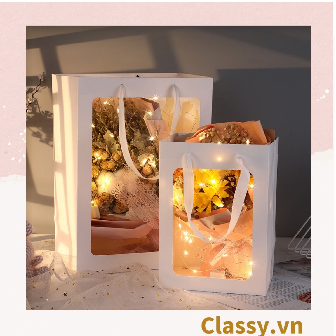 Túi giấy hồng trong suốt kích thước 25x15x35CM dùng làm quà tặng Q1404