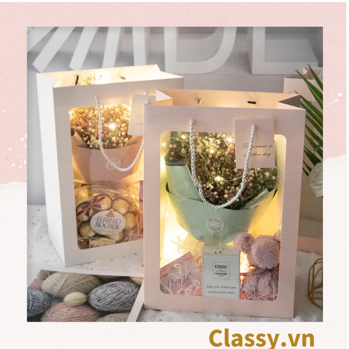 Túi giấy hồng trong suốt kích thước 25x15x35CM dùng làm quà tặng Q1404