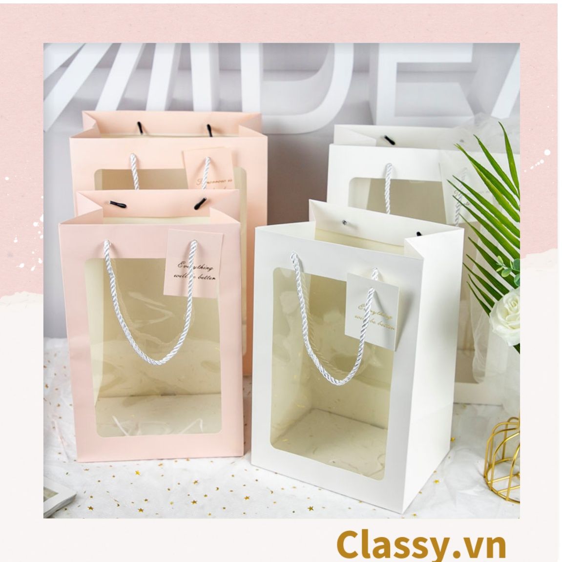 Túi giấy hồng trong suốt kích thước 25x15x35CM dùng làm quà tặng Q1404