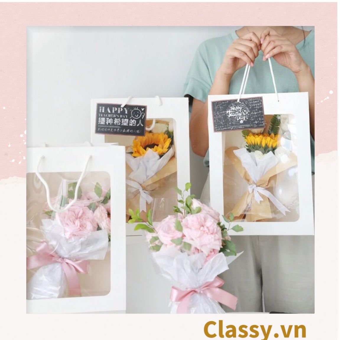 Túi giấy hồng trong suốt kích thước 25x15x35CM dùng làm quà tặng Q1404