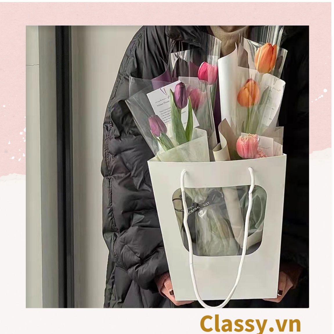 Túi giấy hồng trong suốt kích thước 25x15x35CM dùng làm quà tặng Q1404
