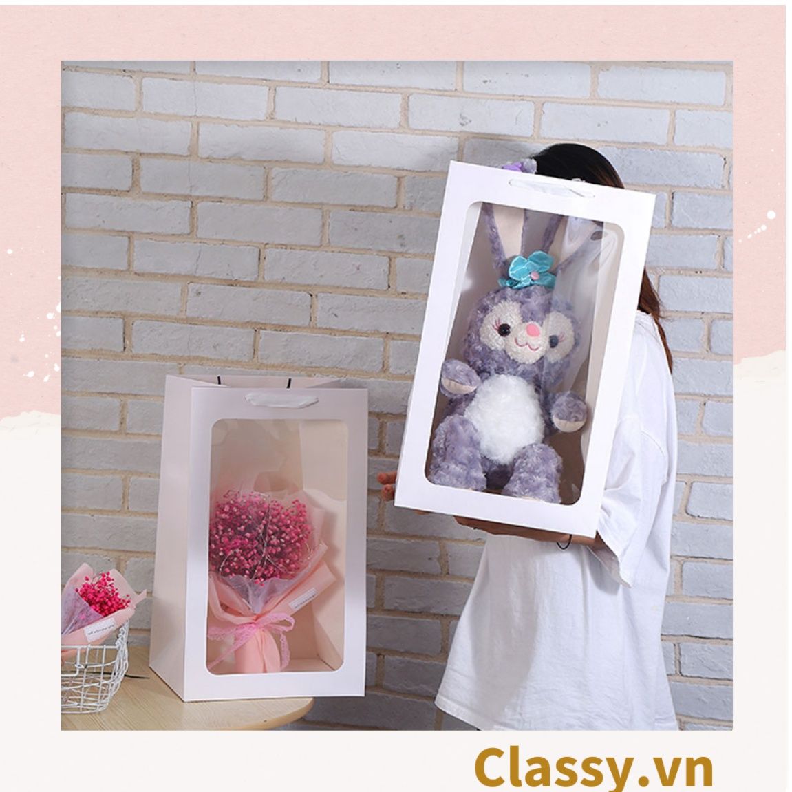 Túi giấy hồng trong suốt kích thước 25x15x35CM dùng làm quà tặng Q1404