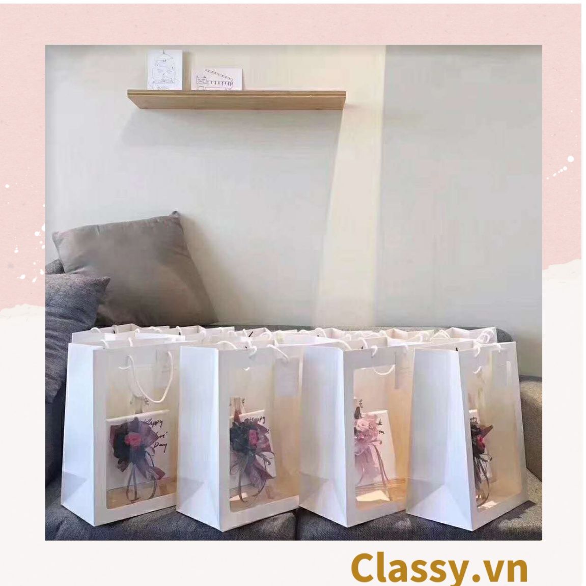  Classy Túi giấy hồng trong suốt kích thước 25x15x35CM dùng làm quà tặng Q1404 