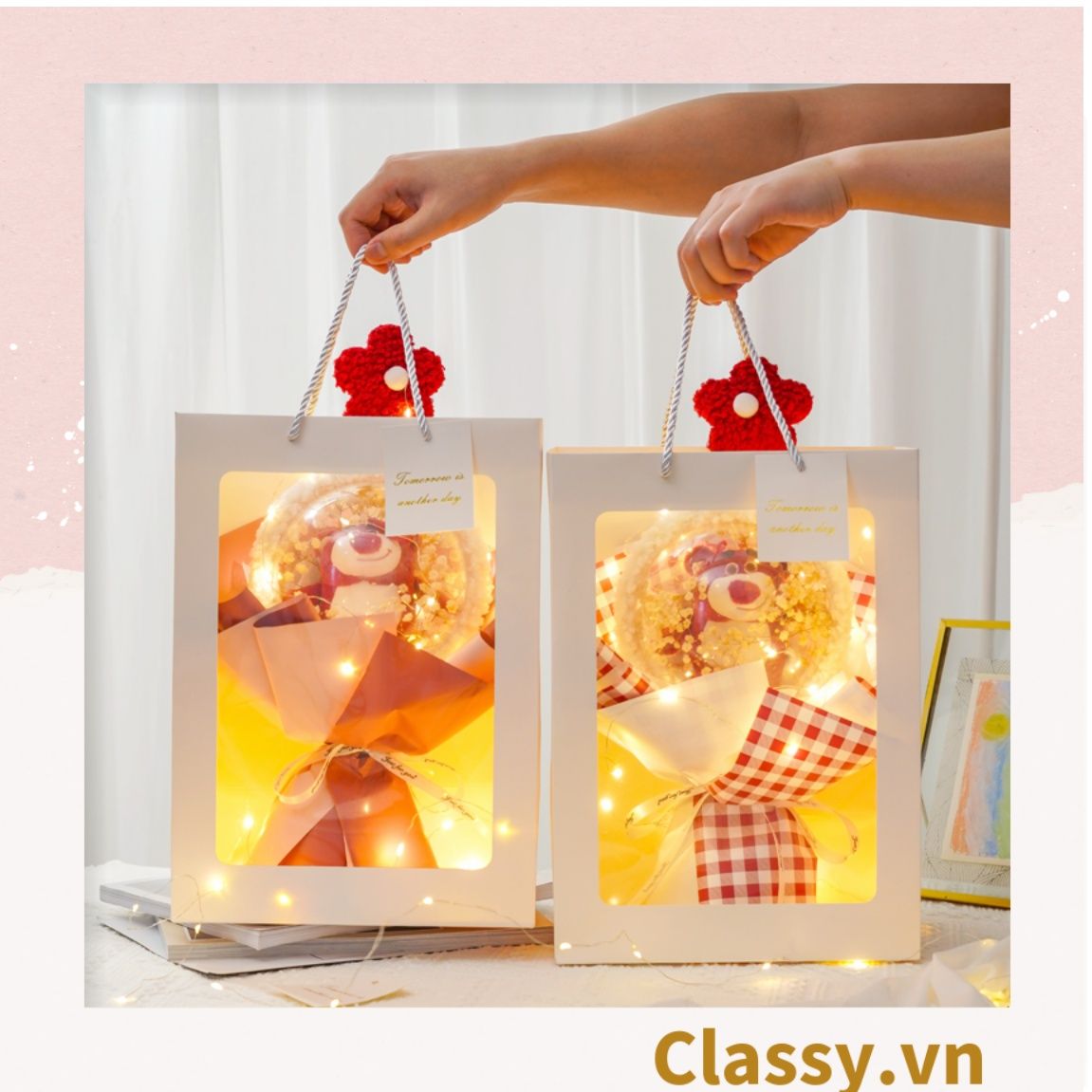 Túi giấy hồng trong suốt kích thước 25x15x35CM dùng làm quà tặng Q1404