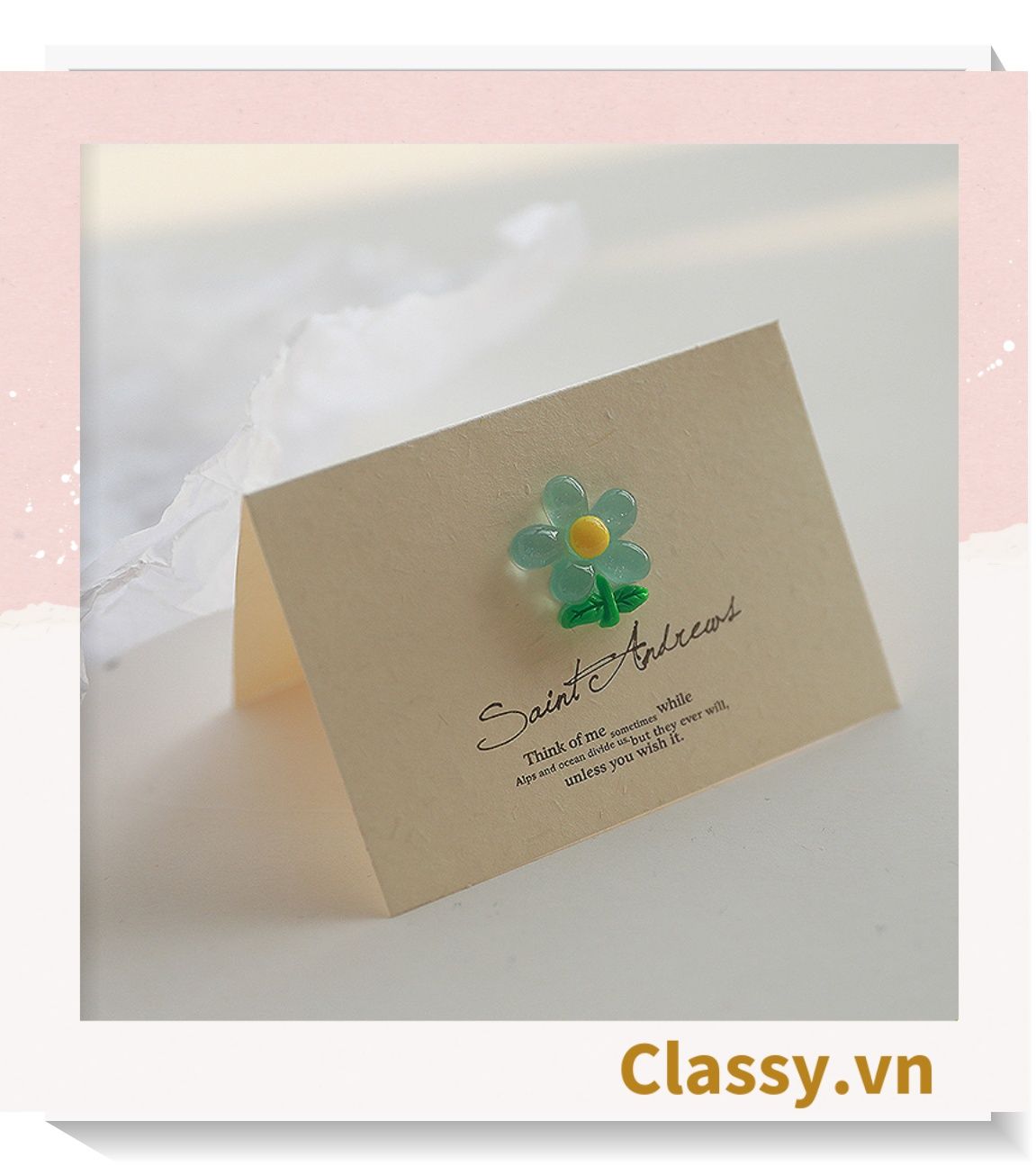 Classy Thiệp chúc mừng, thiệp đính hoa nhựa đẹp tinh tế, quà tặng sinh nhật, lễ hội Q1496