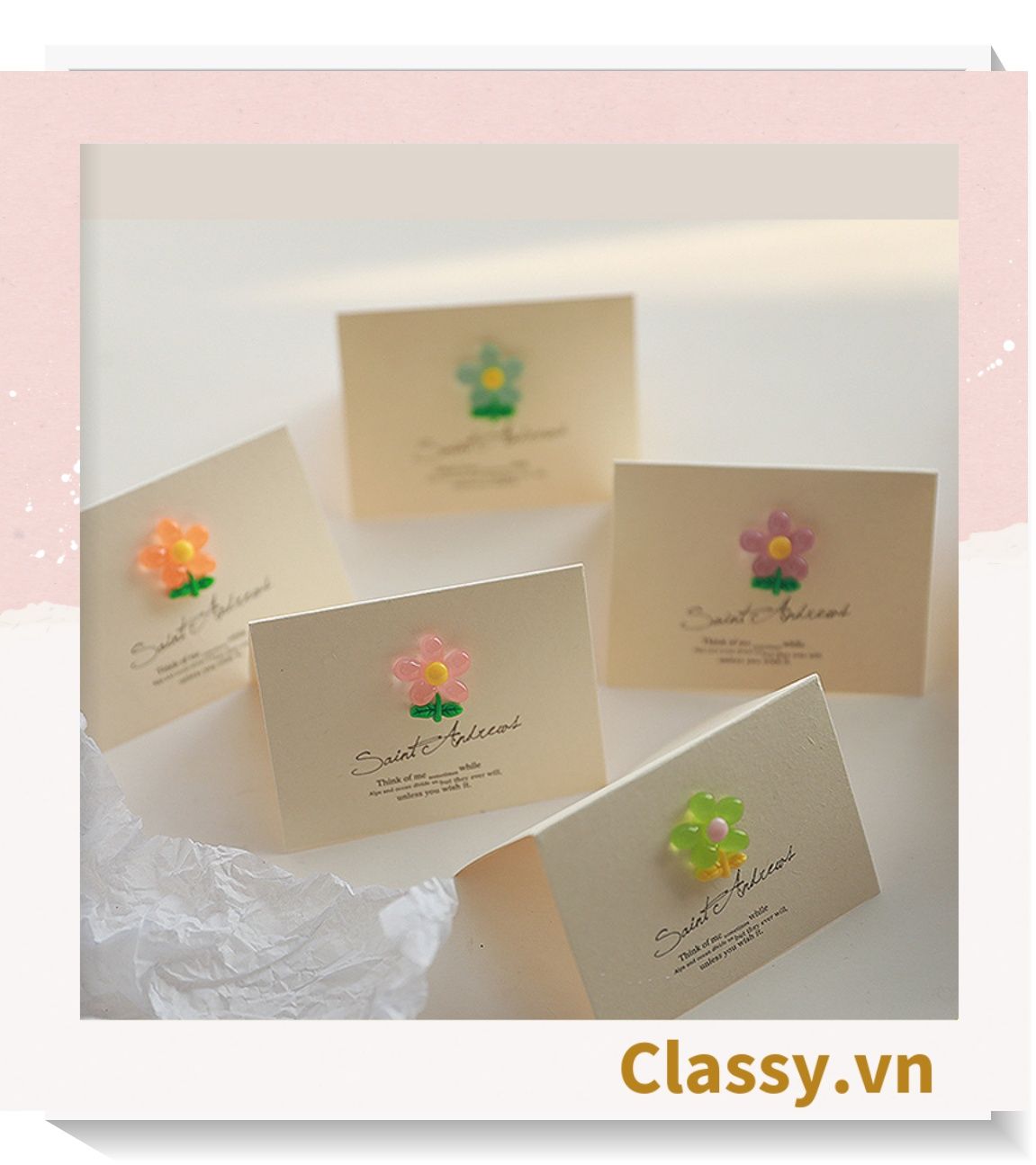 Classy Thiệp chúc mừng, thiệp đính hoa nhựa đẹp tinh tế, quà tặng sinh nhật, lễ hội Q1496