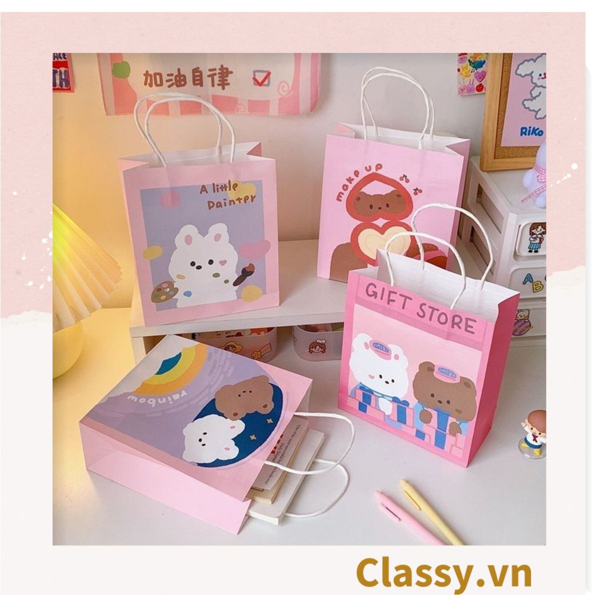  Classy Túi giấy đựng quà kích cỡ 17.5x21x7.5CM họa tiết gấu ngẫu nhiên Q1508 