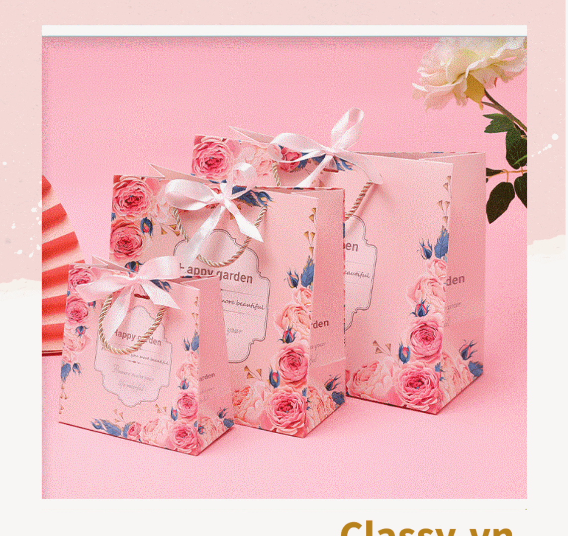 Classy Túi giấy quai xách họa tiết hoa hồng đính kèm ruy băng nơ Q1546