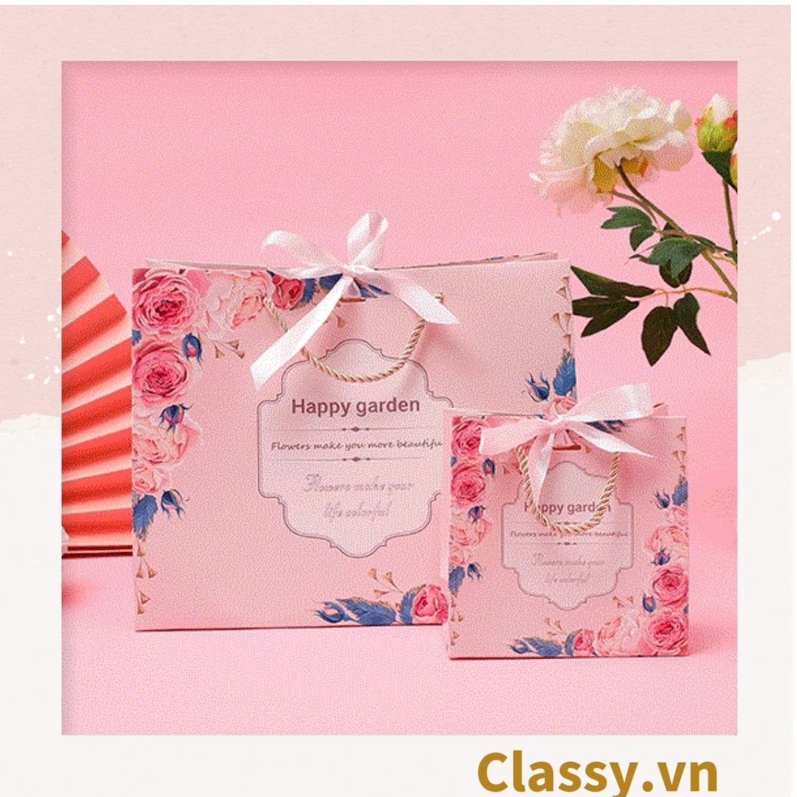  Classy Túi giấy quai xách họa tiết hoa hồng đính kèm ruy băng nơ Q1546 