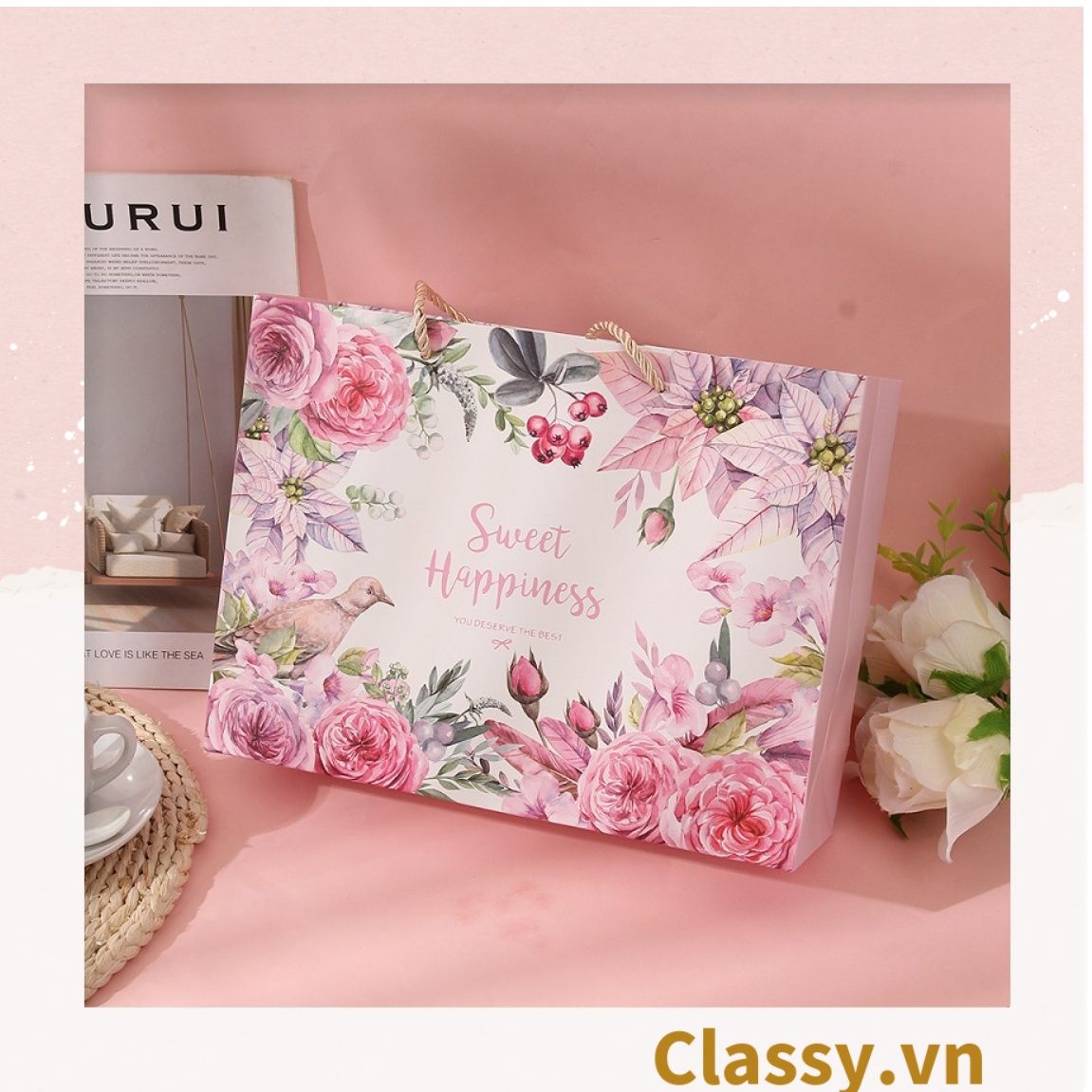  Classy Hộp quà tặng, Túi quà tặng hoa hồng dày dặn, sang trọng Q1546 