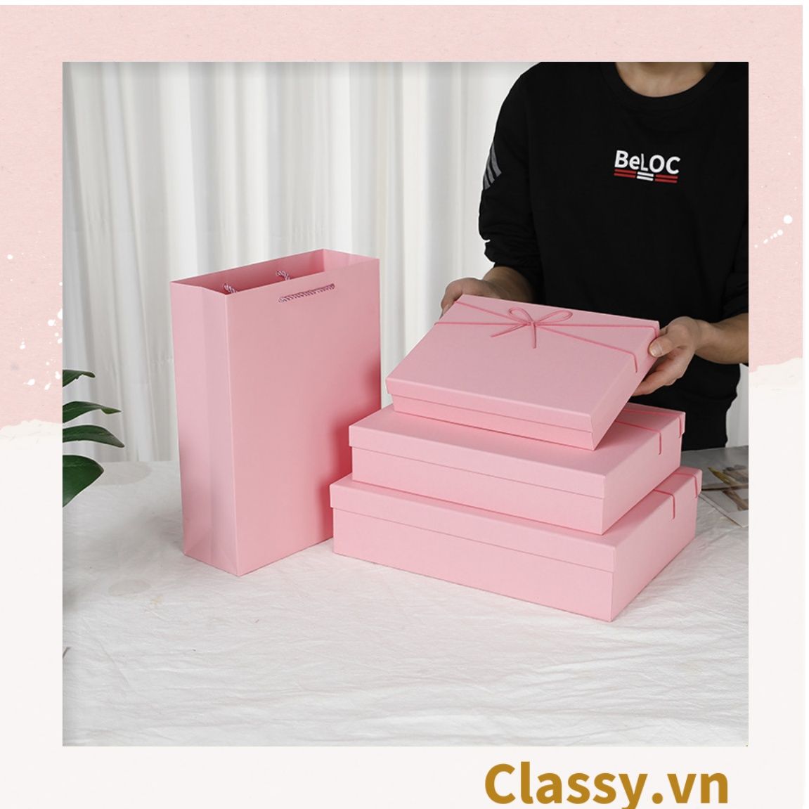 Classy Hộp quà tặng màu hồng trơn, chất liệu giấy cứng cáp Q1557