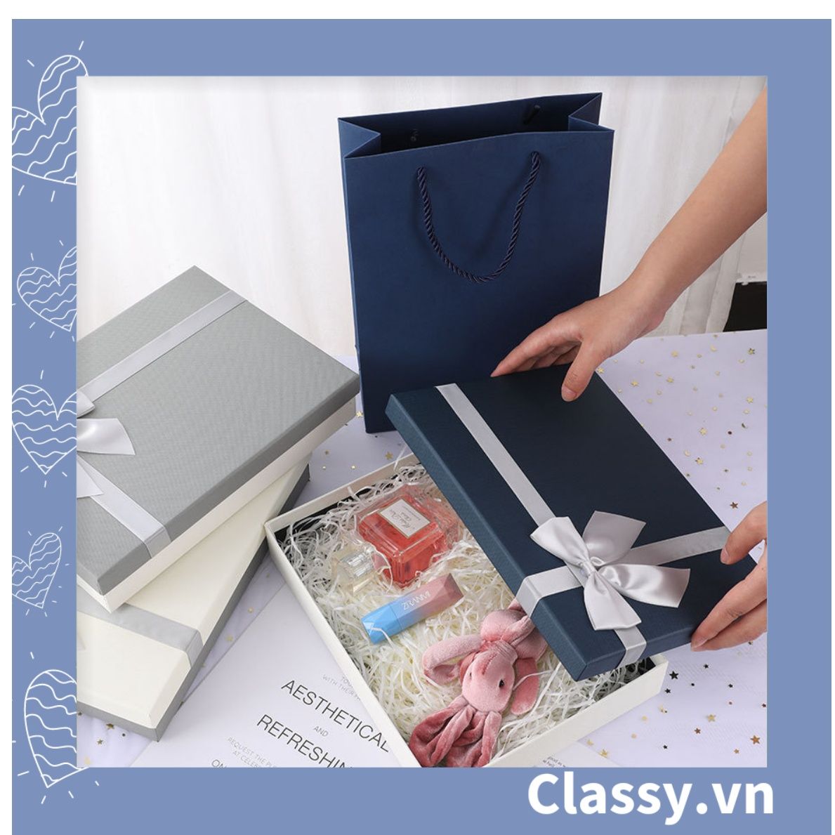 Classy Hộp quà tặng tông xanh xám sang trọng, chất liệu giấy cứng cáp Q1558