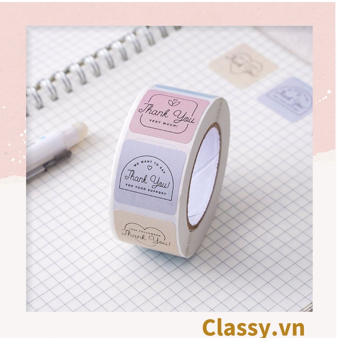 Cuộn 500 Sticker 2.5CM hình vuông Thank you dán niêm phong túi giấy, hộp bánh handmade, tem dán thiệp, hộp quà tặng Q1693