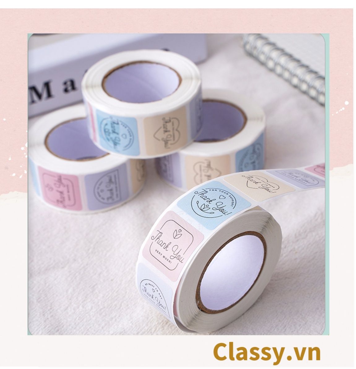 Cuộn 500 Sticker 2.5CM hình vuông Thank you dán niêm phong túi giấy, hộp bánh handmade, tem dán thiệp, hộp quà tặng Q1693