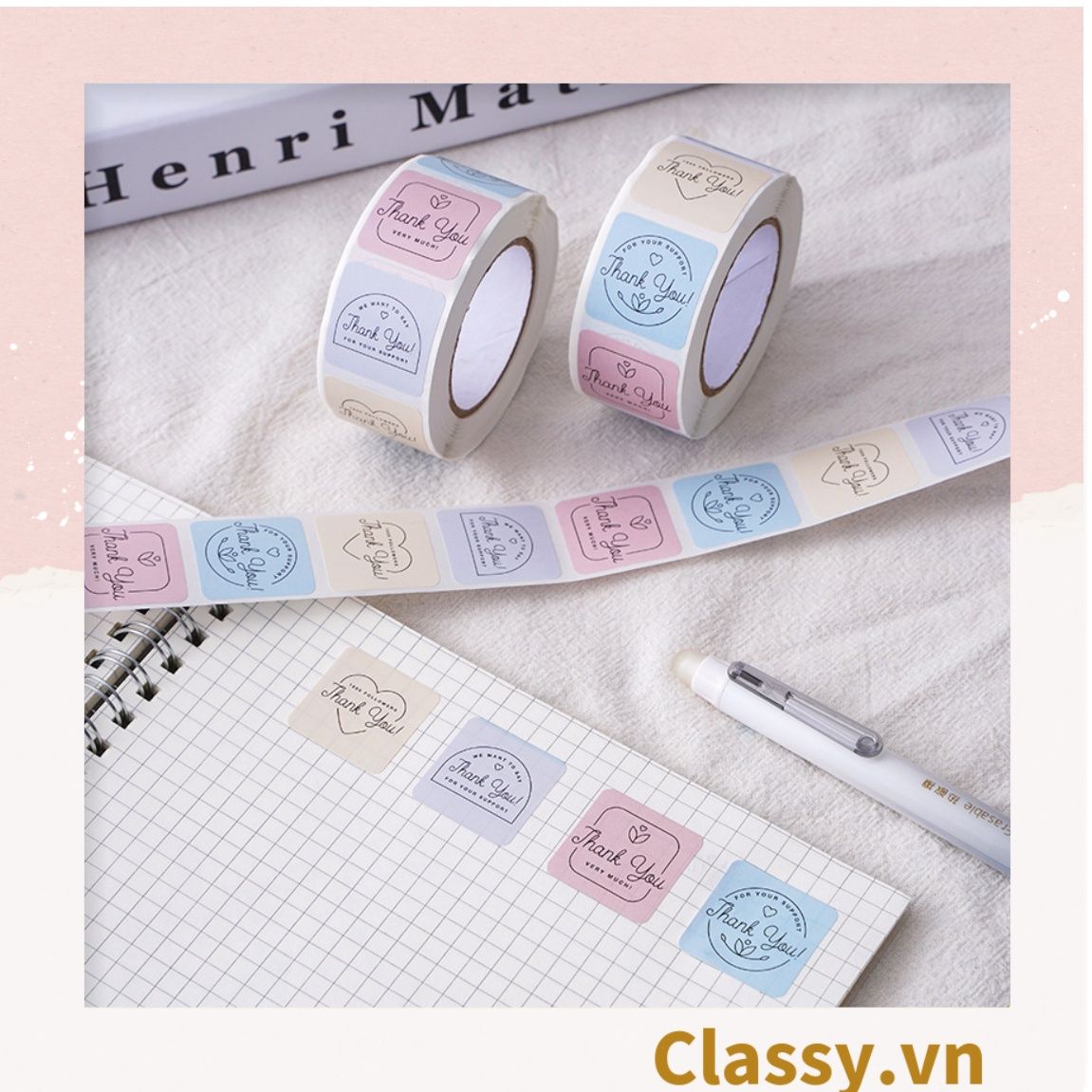 Cuộn 500 Sticker 2.5CM hình vuông Thank you dán niêm phong túi giấy, hộp bánh handmade, tem dán thiệp, hộp quà tặng Q1693