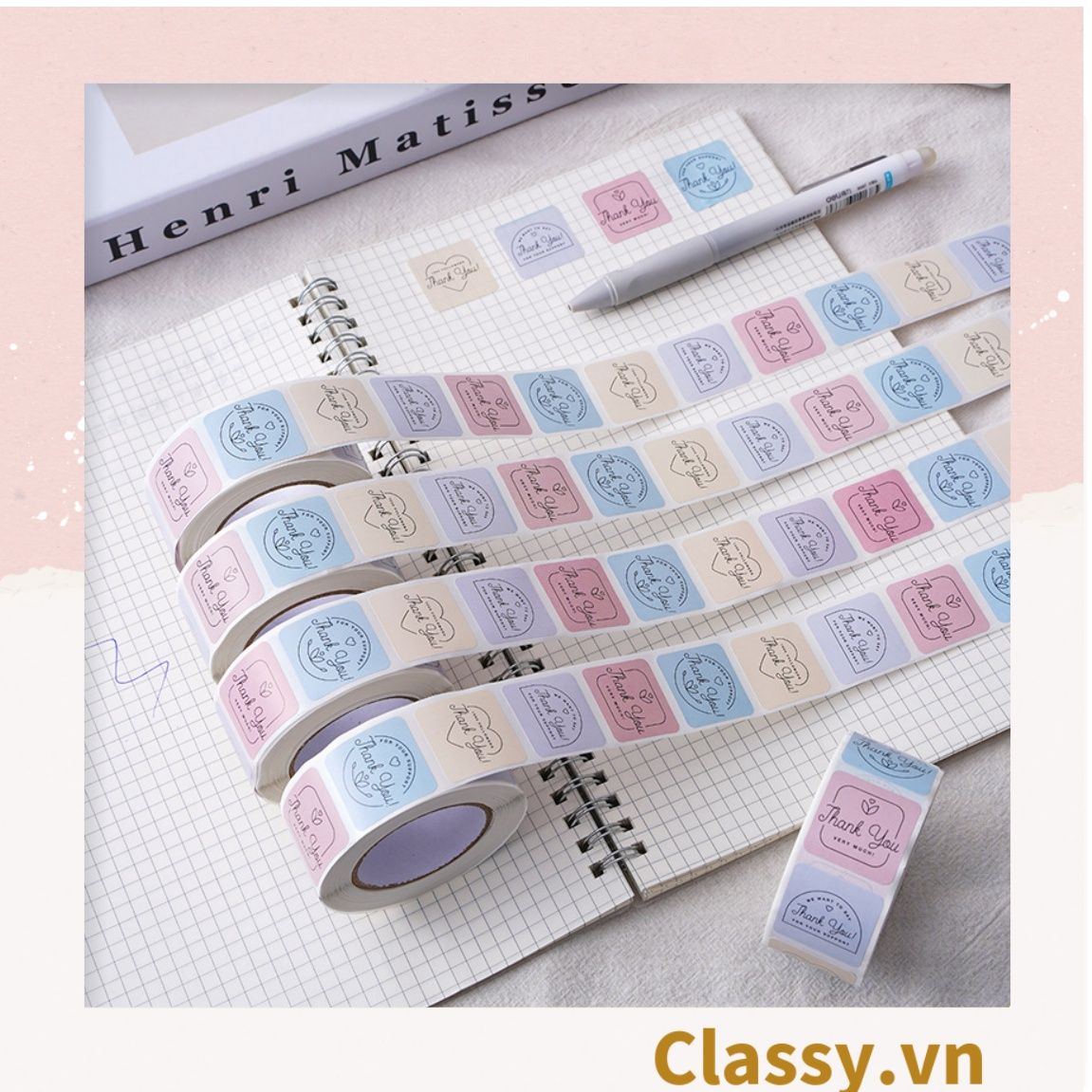 Cuộn 500 Sticker 2.5CM hình vuông Thank you dán niêm phong túi giấy, hộp bánh handmade, tem dán thiệp, hộp quà tặng Q1693