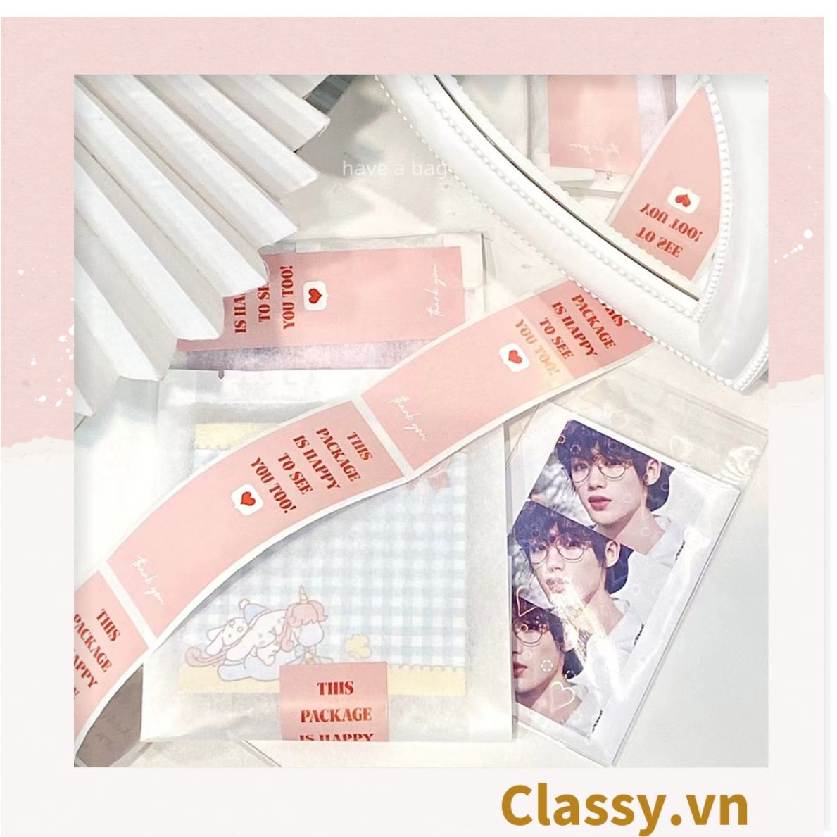 50 Nhãn dán hộp sticker 3*9cm giấy C bóng họa tiết vintage dùng để trang trí, niêm phong Q1704