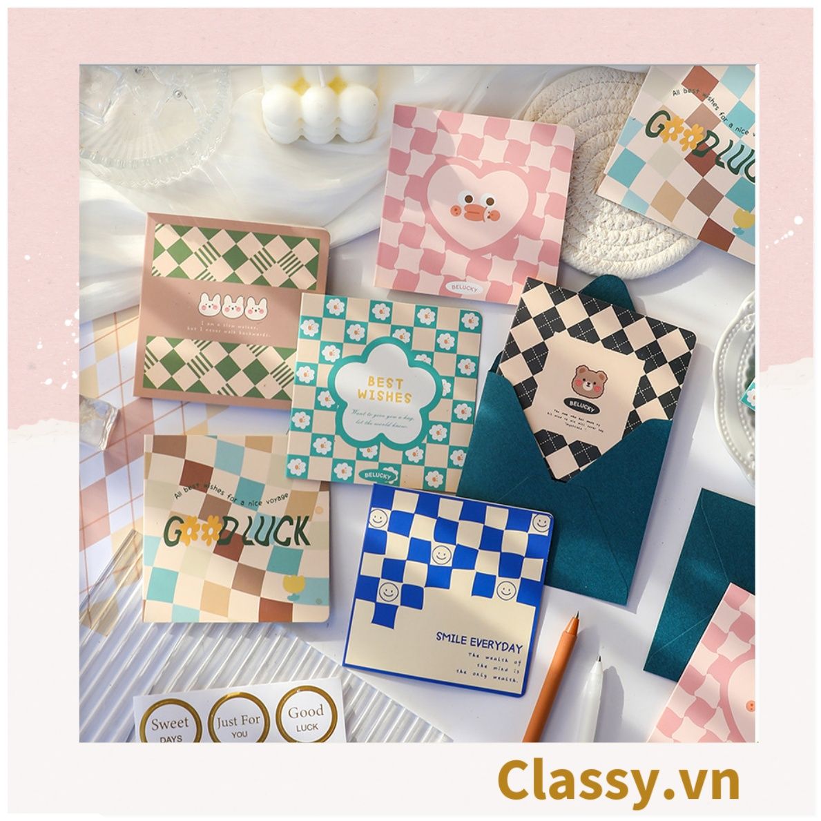 Thiệp cute chúc mừng 8-3, 20-11, Sinh Nhật, Lễ, Cảm Ơn , Tình Yêu in nhiều hình, kích thước 9.3 X 9.3 Q1742