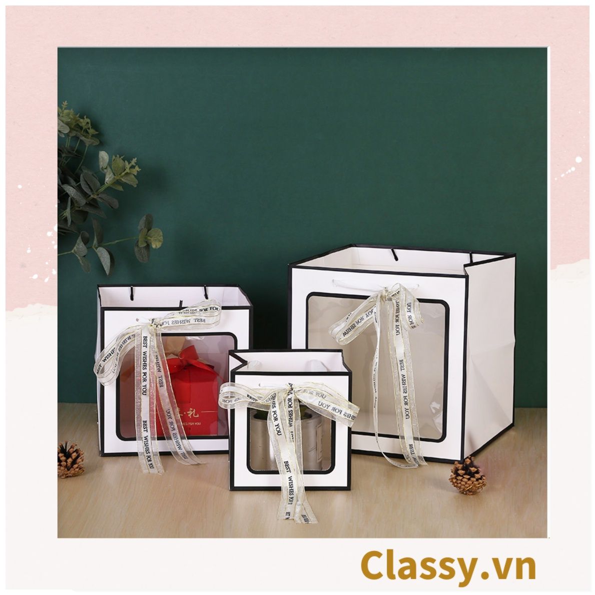  Classy Túi giấy hồng trong suốt kích thước 30*30*30 hoặc 15*15*15 dùng làm quà tặng Q1752 