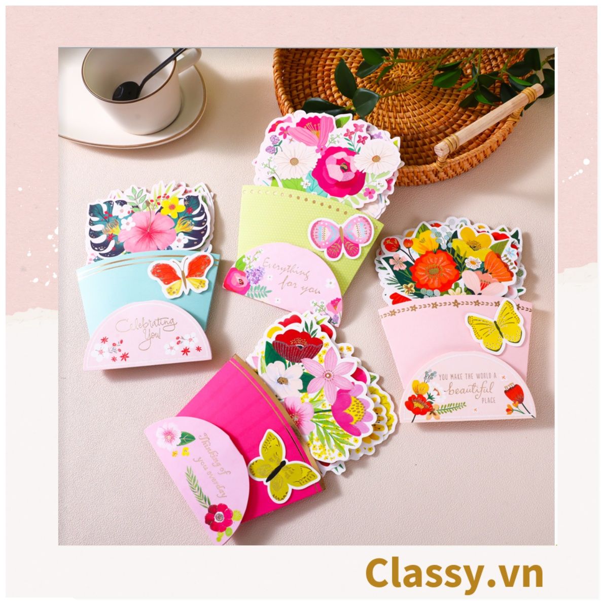 Bó Hoa Chúc Mừng Sinh Nhật, ngày lễ Bằng Giấy Cứng Cáp handmade 3D ba chiều thiệp chúc mừng Q1760