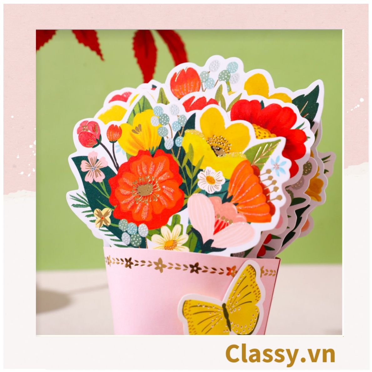 Bó Hoa Chúc Mừng Sinh Nhật, ngày lễ Bằng Giấy Cứng Cáp handmade 3D ba chiều thiệp chúc mừng Q1760