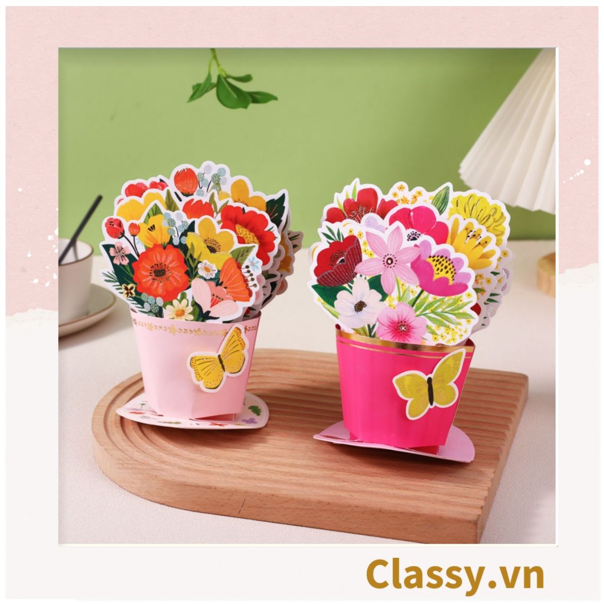 Bó Hoa Chúc Mừng Sinh Nhật, ngày lễ Bằng Giấy Cứng Cáp handmade 3D ba chiều thiệp chúc mừng Q1760
