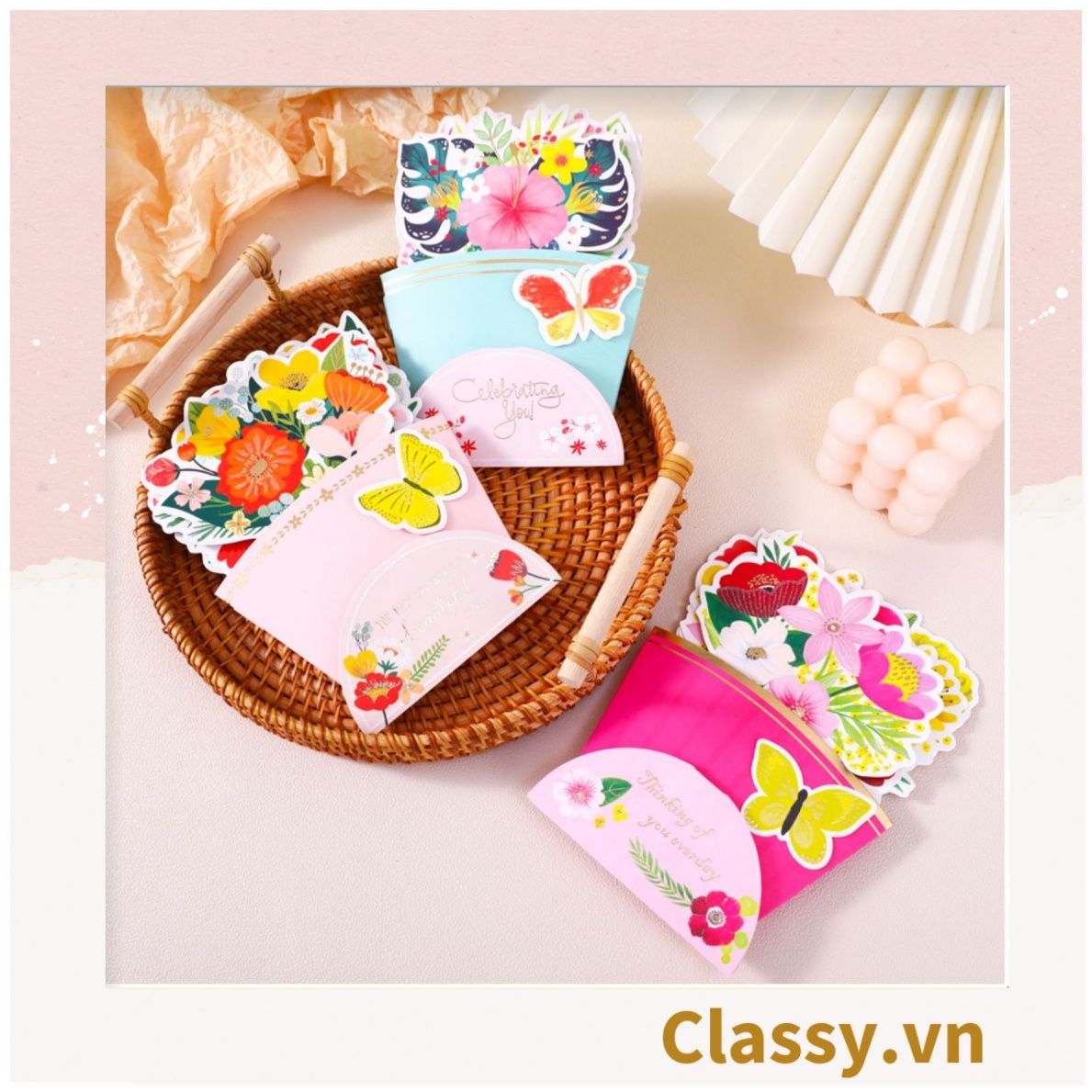 Bó Hoa Chúc Mừng Sinh Nhật, ngày lễ Bằng Giấy Cứng Cáp handmade 3D ba chiều thiệp chúc mừng Q1760