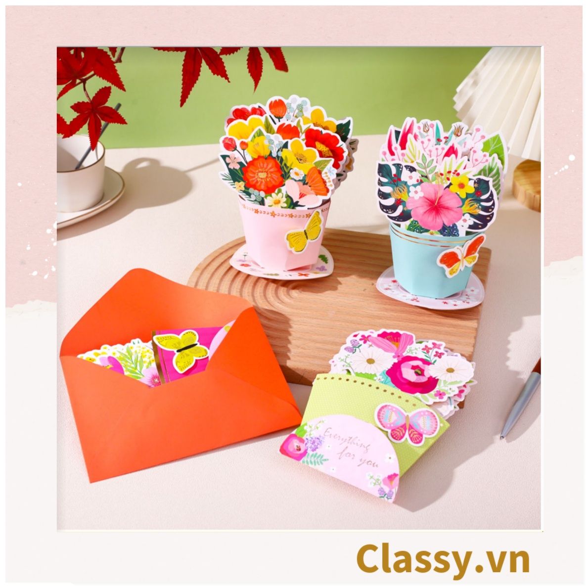 Bó Hoa Chúc Mừng Sinh Nhật, ngày lễ Bằng Giấy Cứng Cáp handmade 3D ba chiều thiệp chúc mừng Q1760
