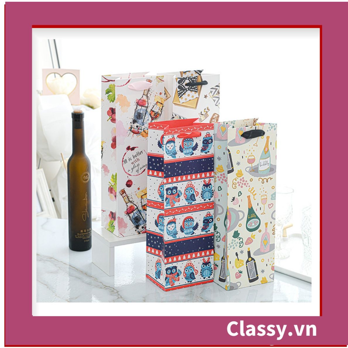 Classy Túi quà tặng, túi giấy quai xách đựng rượu vang các loại , bằng giấy đựng chai đơn hoặc đôi 750 ML Q1797