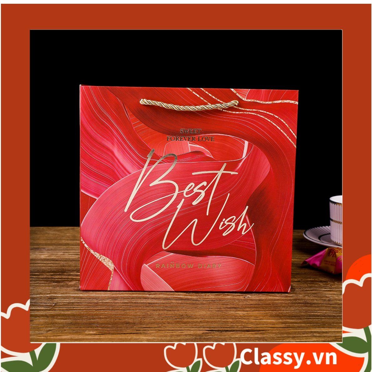 Bộ túi giấy +Hộp quà Màu đỏ Kích thước 16 * 15 * 6,5cm dùng làm quà tặng, in chữ Best Wishes (Có xé lẻ) Q215