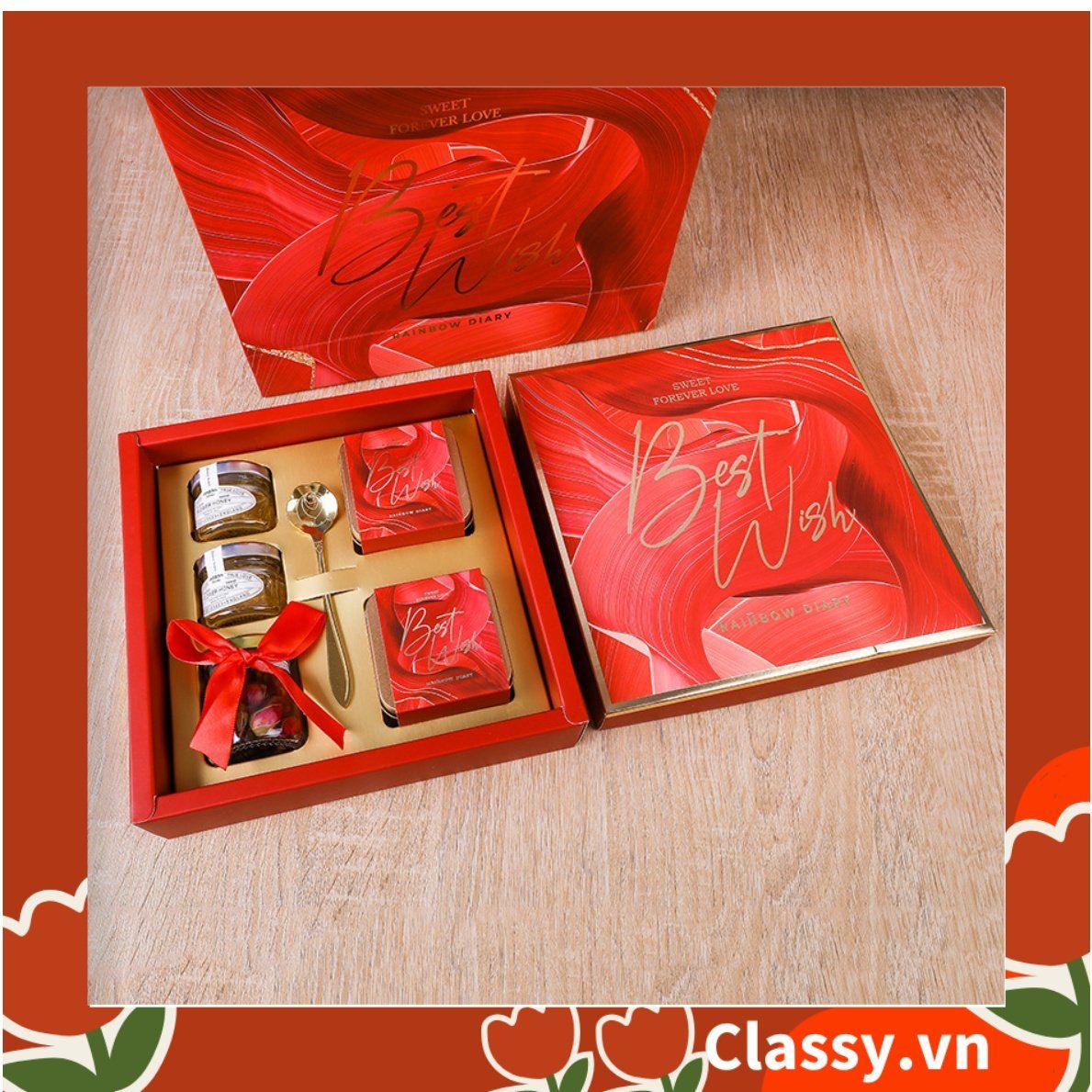 Bộ túi giấy +Hộp quà Màu đỏ Kích thước 16 * 15 * 6,5cm dùng làm quà tặng, in chữ Best Wishes (Có xé lẻ) Q215