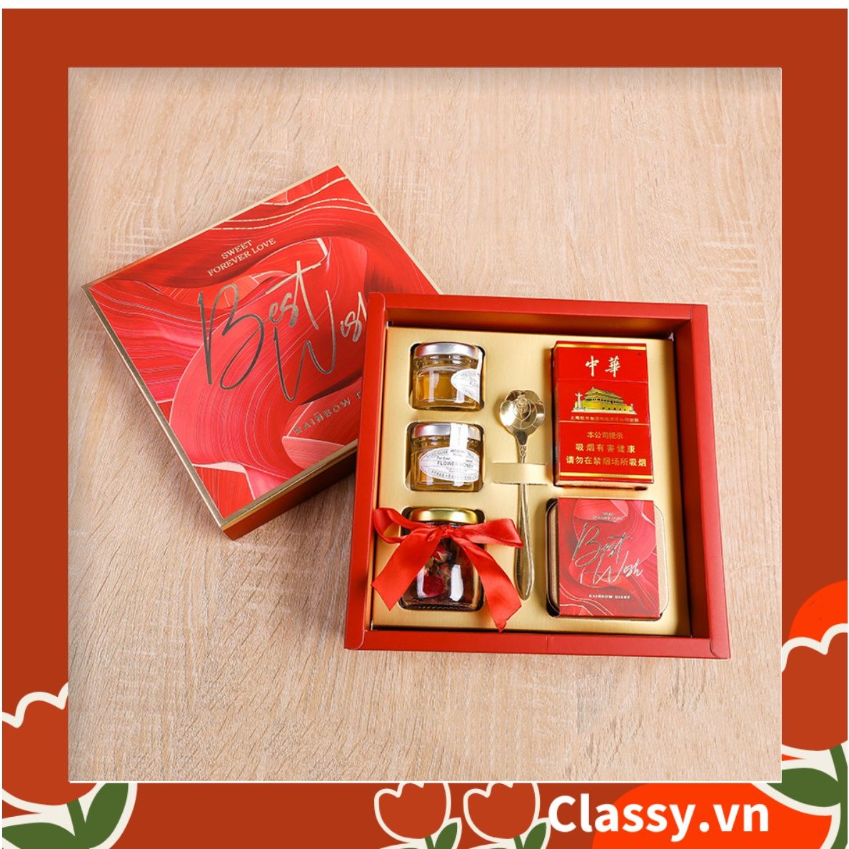 Bộ túi giấy +Hộp quà Màu đỏ Kích thước 16 * 15 * 6,5cm dùng làm quà tặng, in chữ Best Wishes (Có xé lẻ) Q215
