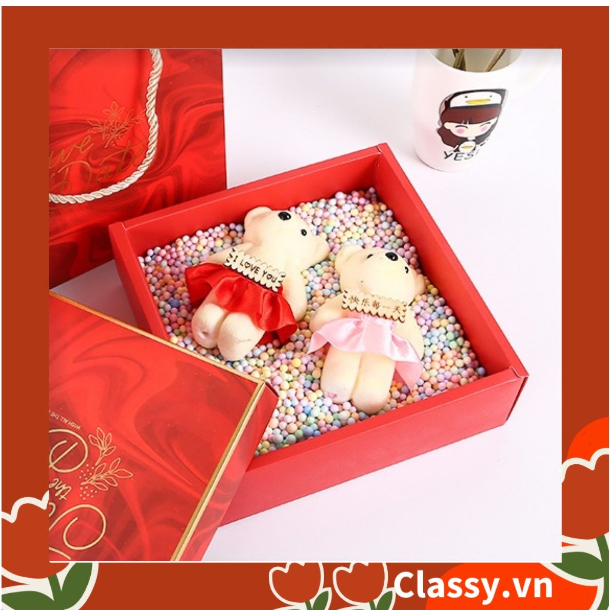 Bộ túi giấy +Hộp quà Màu đỏ Kích thước 16 * 15 * 6,5cm dùng làm quà tặng, in chữ Best Wishes (Có xé lẻ) Q215
