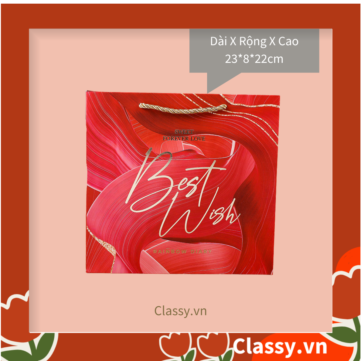 Bộ túi giấy +Hộp quà Màu đỏ Kích thước 16 * 15 * 6,5cm dùng làm quà tặng, in chữ Best Wishes (Có xé lẻ) Q215