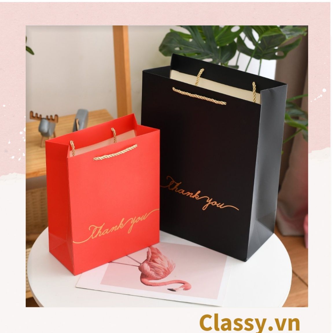 Túi giấy đựng quà tặng nhiều size đơn sắc kèm ruy băng, tối giản In chữ Thank you / Best with you sang trọng Q227