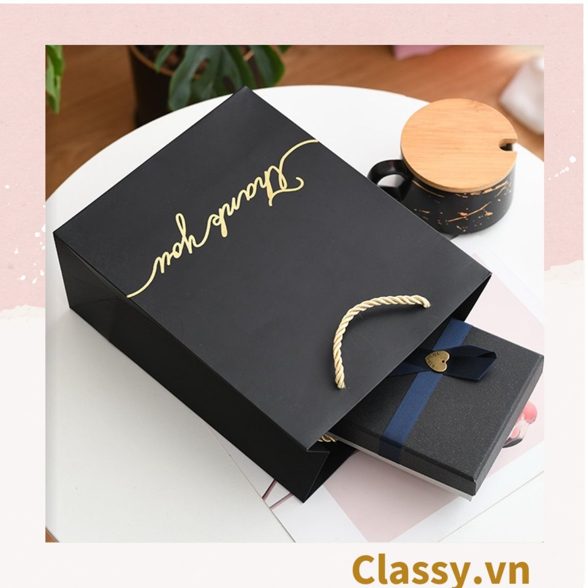Túi giấy đựng quà tặng nhiều size đơn sắc kèm ruy băng, tối giản In chữ Thank you / Best with you sang trọng Q227