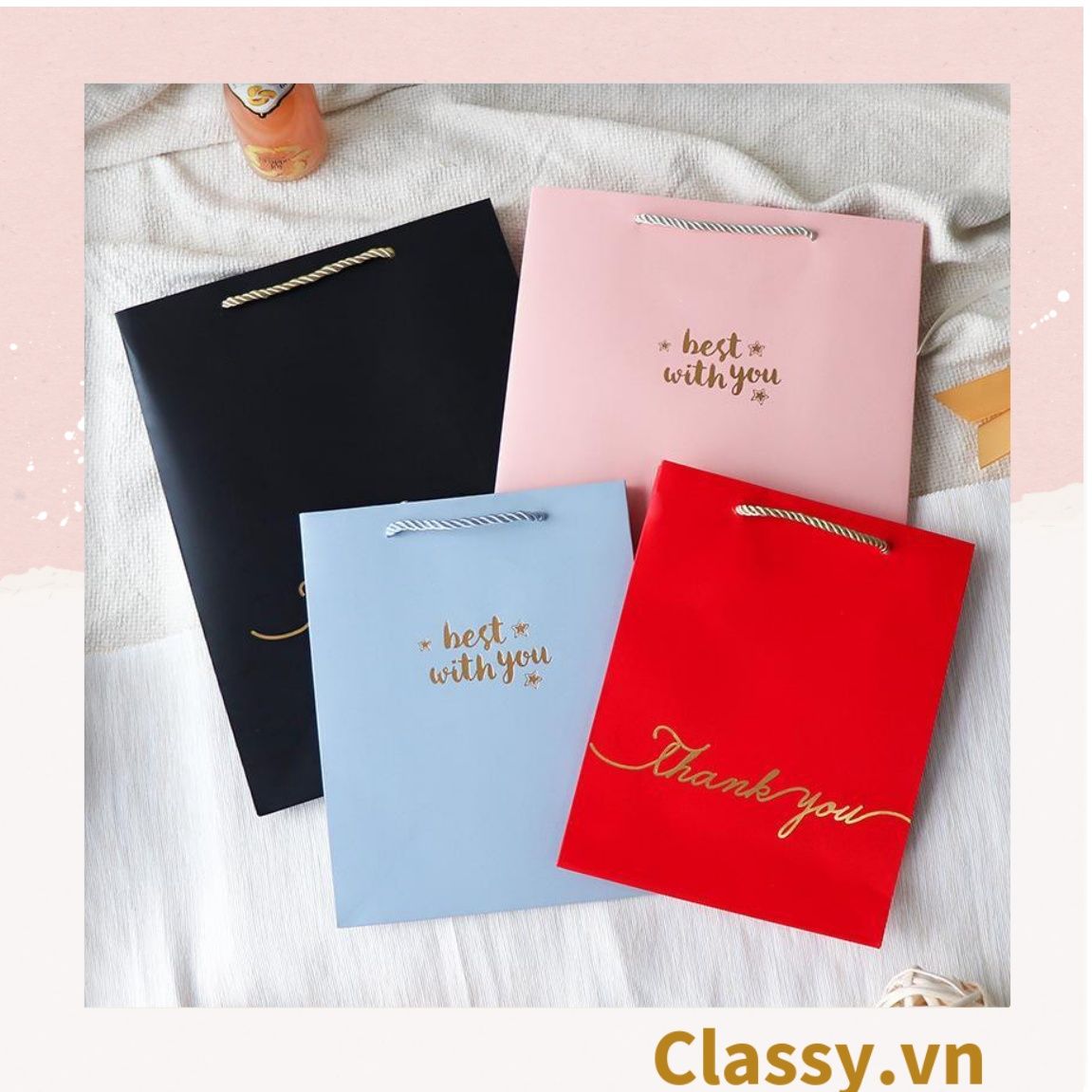 Túi giấy đựng quà tặng nhiều size đơn sắc kèm ruy băng, tối giản In chữ Thank you / Best with you sang trọng Q227