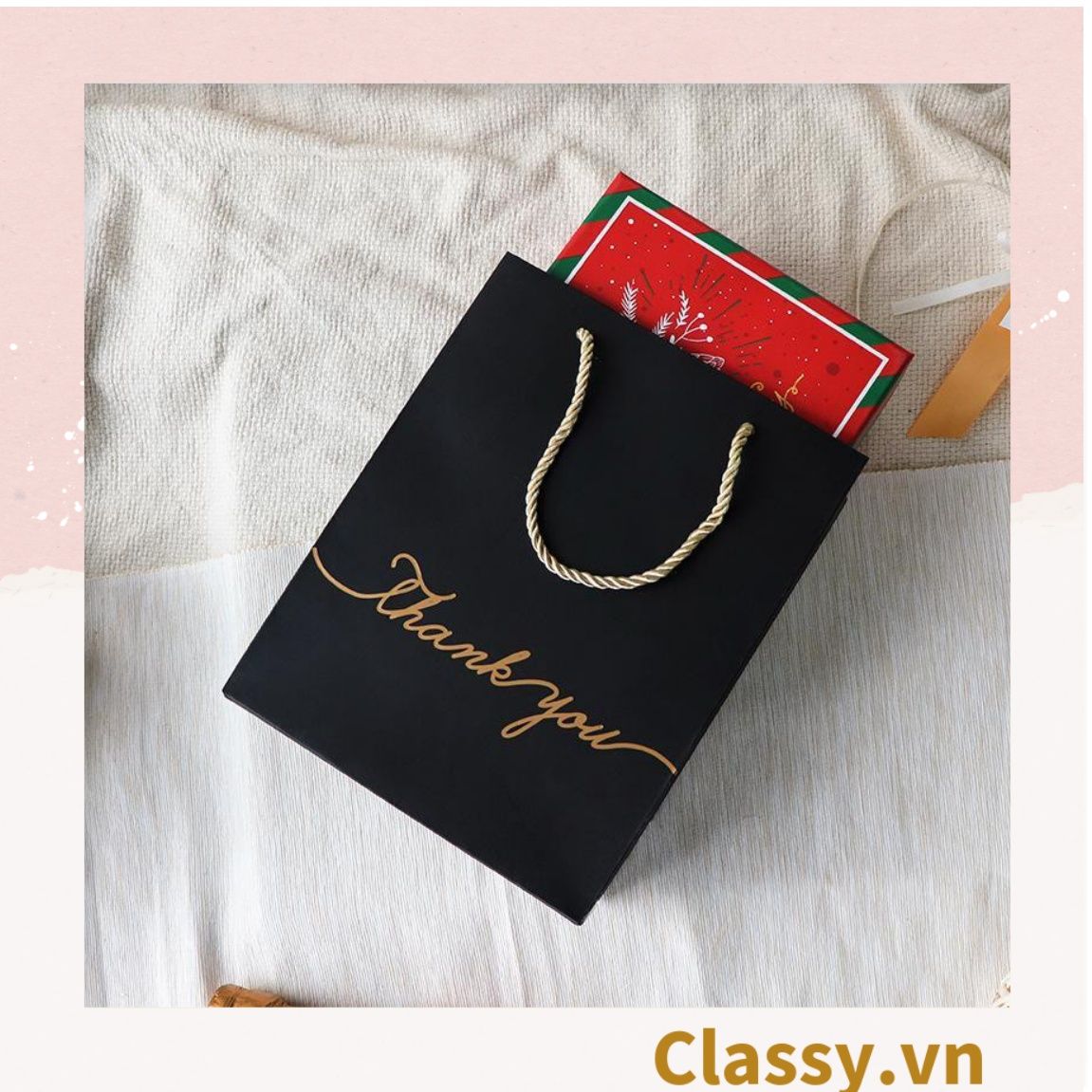 Túi giấy đựng quà tặng nhiều size đơn sắc kèm ruy băng, tối giản In chữ Thank you / Best with you sang trọng Q227