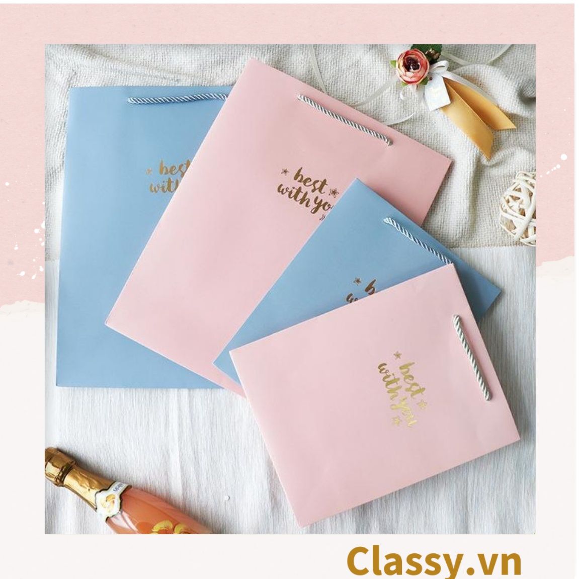 Túi giấy đựng quà tặng nhiều size đơn sắc kèm ruy băng, tối giản In chữ Thank you / Best with you sang trọng Q227
