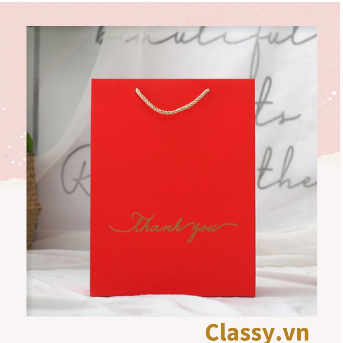 Túi giấy đựng quà tặng nhiều size đơn sắc kèm ruy băng, tối giản In chữ Thank you / Best with you sang trọng Q227