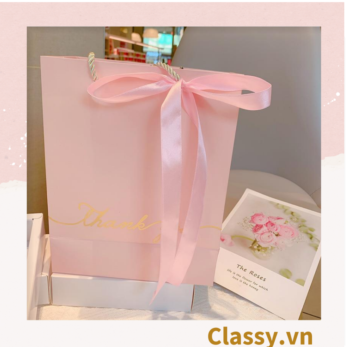 Túi giấy đựng quà tặng nhiều size đơn sắc kèm ruy băng, tối giản In chữ Thank you / Best with you sang trọng Q227