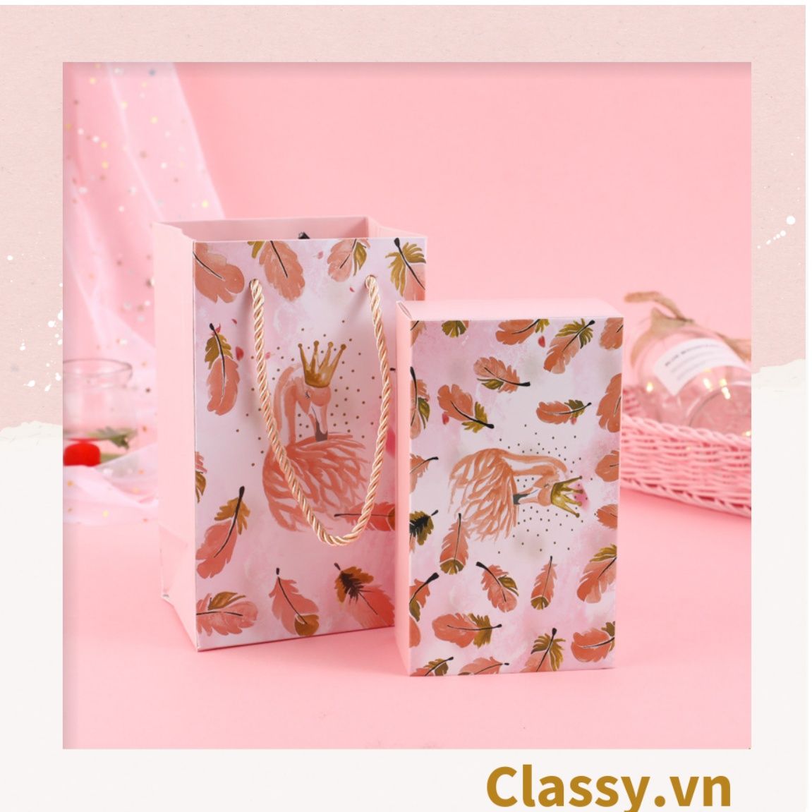 Xé lẻ Túi giấy quai xách hoặc Hộp dùng đựng đồ quà tặng trang sức, son môi, mỹ phẩm, nước hoa. hình hồng hạc, kỳ lân