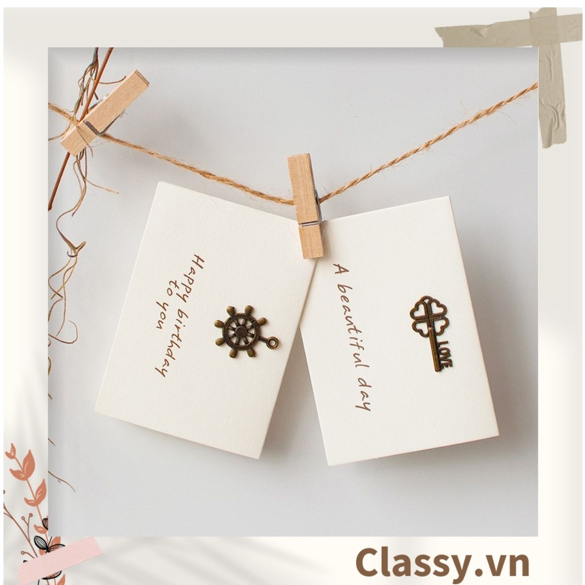 Thiệp Cổ điển Vintage gắn hình 3D, giấy art sang trọng kèm phong bì màu trắng Q254