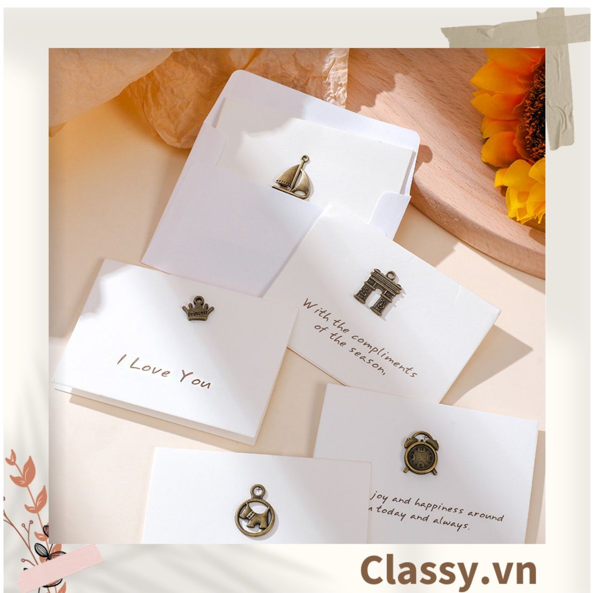 Thiệp Cổ điển Vintage gắn hình 3D, giấy art sang trọng kèm phong bì màu trắng Q254