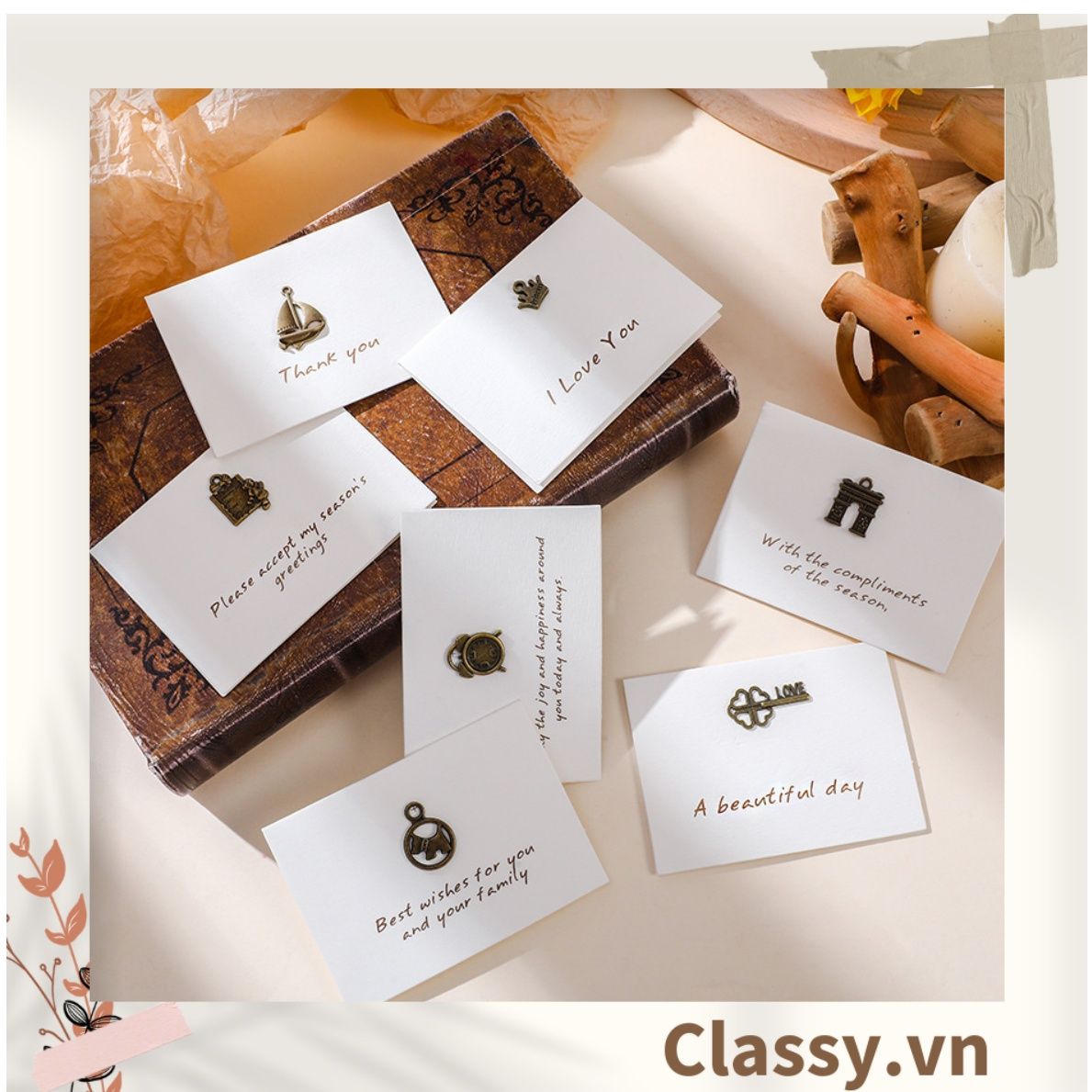 Thiệp Cổ điển Vintage gắn hình 3D, giấy art sang trọng kèm phong bì màu trắng Q254