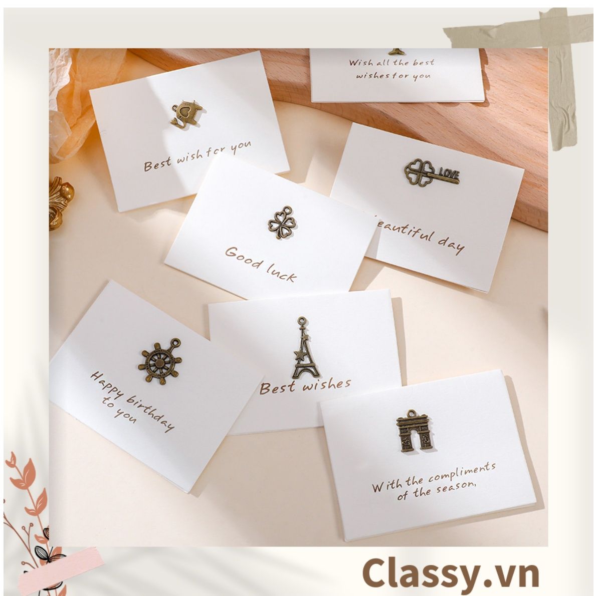 Thiệp Cổ điển Vintage gắn hình 3D, giấy art sang trọng kèm phong bì màu trắng Q254