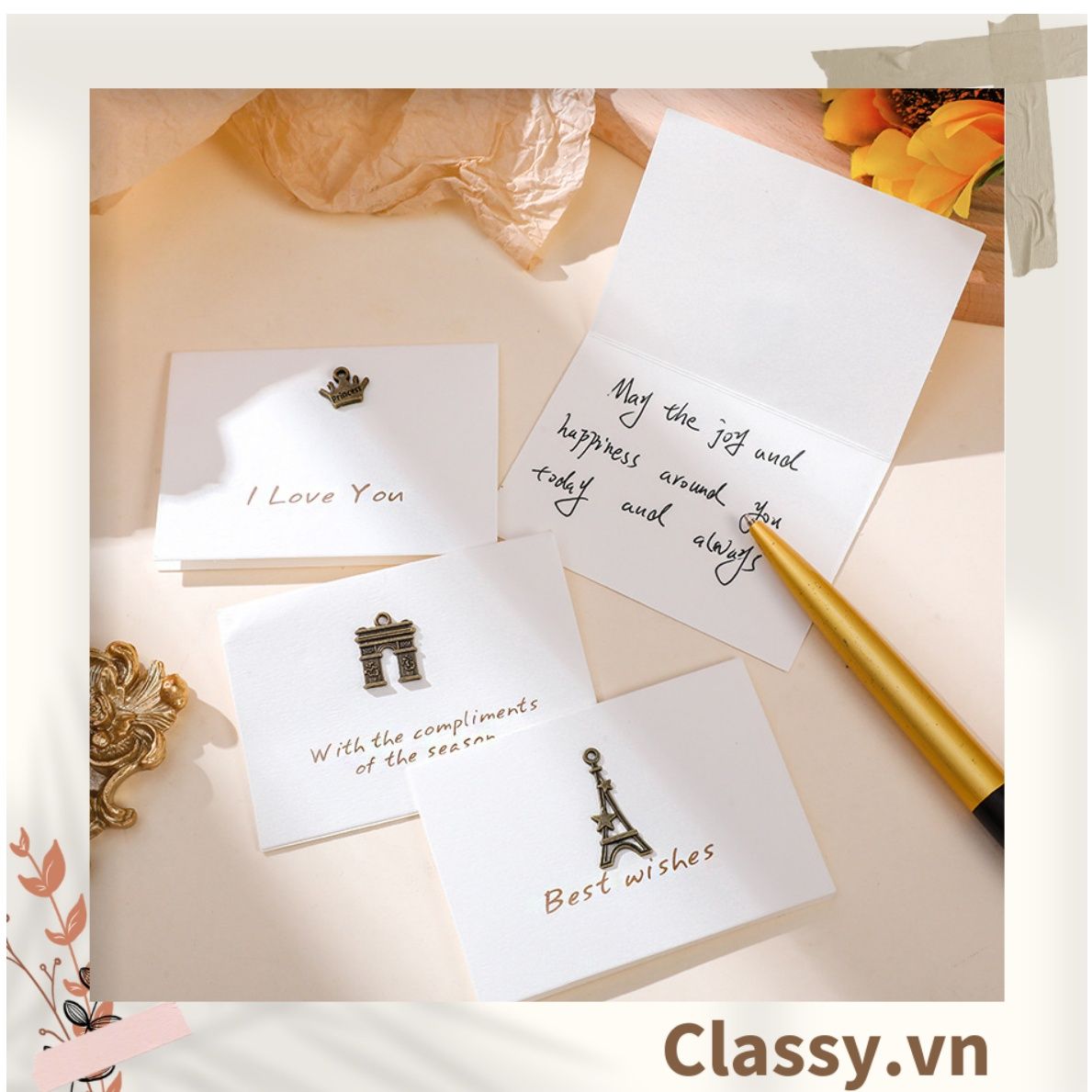 Thiệp Cổ điển Vintage gắn hình 3D, giấy art sang trọng kèm phong bì màu trắng Q254