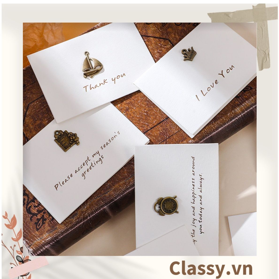 Thiệp Cổ điển Vintage gắn hình 3D, giấy art sang trọng kèm phong bì màu trắng Q254