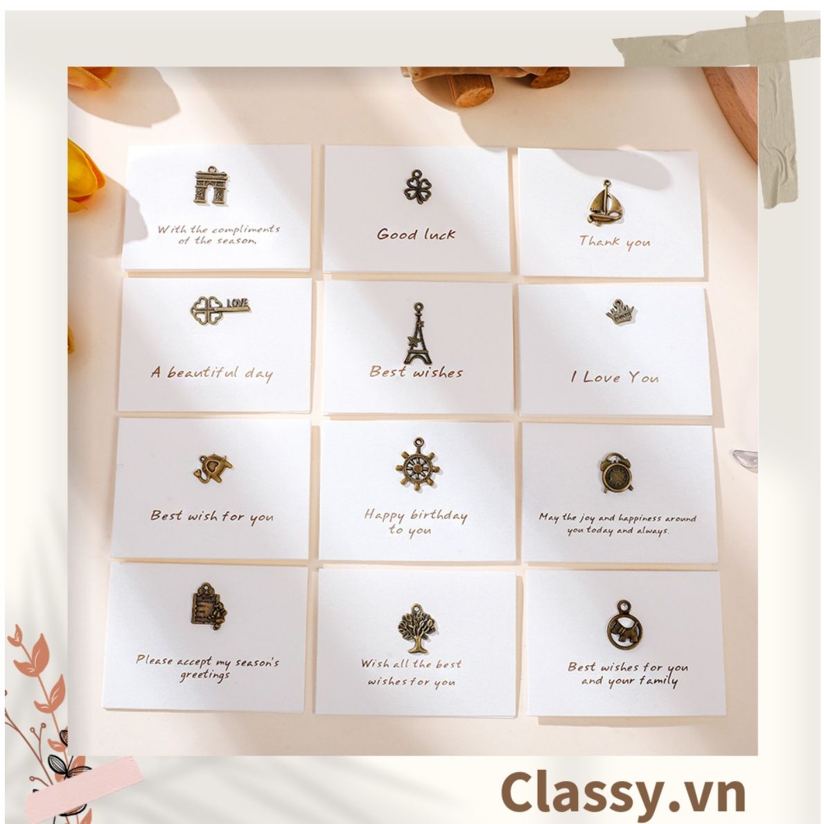 Thiệp Cổ điển Vintage gắn hình 3D, giấy art sang trọng kèm phong bì màu trắng Q254