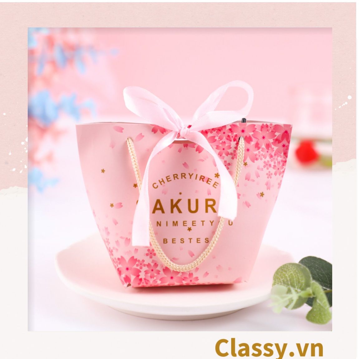 Túi giấy đựng quà thắt nơ in hình dễ thương 14 X 7 X 10 CM đựng son, trang sức, quà tặng đám cưới, lễ tết Q301